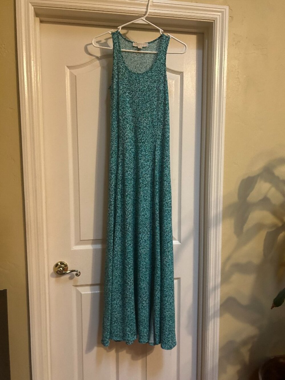 Michael Kors Aqua Teal Printed Maxi Dress Sleeveless Gold Logo Detail Women’s sm